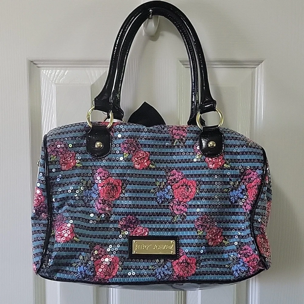 Betsy Johnson Turquoise with Pink Roses and Sequins Purse